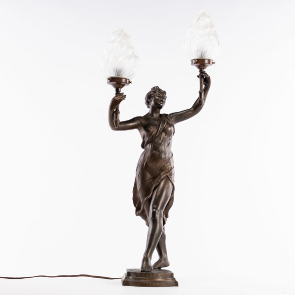 Statyettlampa, art nouveau, patinerad metall, höjd 79 cm