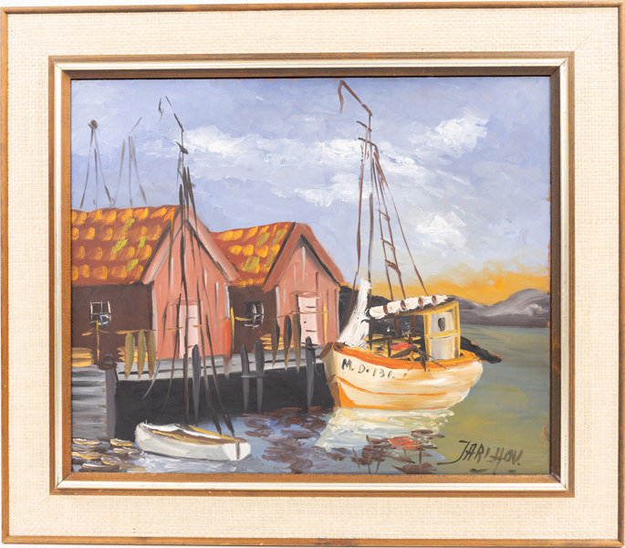 Hartvig Jarlhov, olja på pannå, hamnmotiv, signerad, 59 x 51 cm