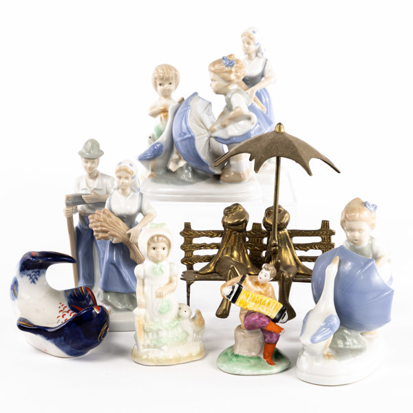 Figuriner, 10 delar, porslin, mässing, bl a Lomonosov