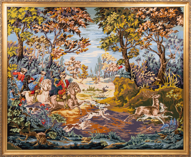 Broderi, inramat, jaktmotiv, 168x139 cm