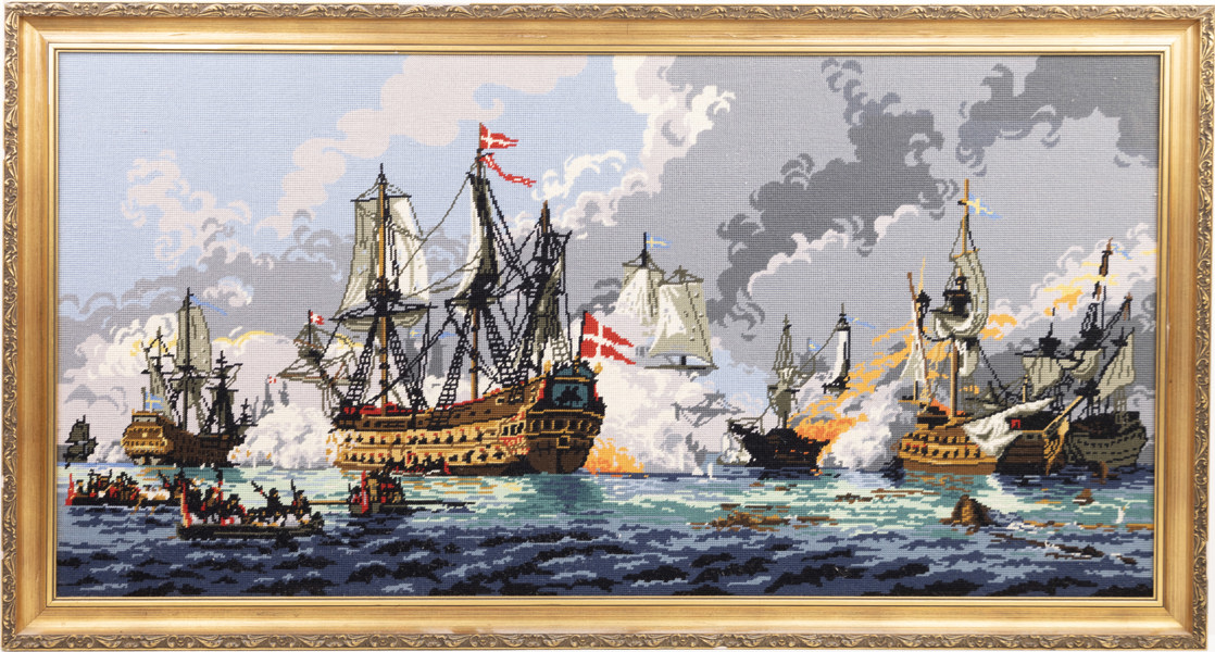 Broderi, inramat, linjeskepp, 142x77 cm