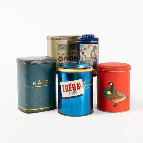 Äldre plåtburkar, 5 st, Zoega's, Mazetti, m.m.