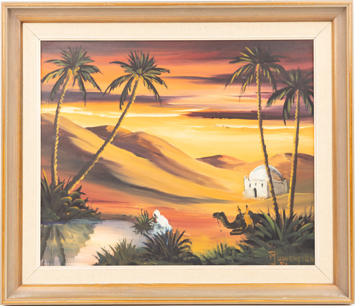 Jack Ulvensten, olja på pannå, ökenmotiv, signerad, 57 x 49 cm