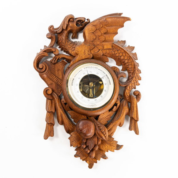 Barometer, snidat trä, W. J. Holst, Malmö, längd 43 cm