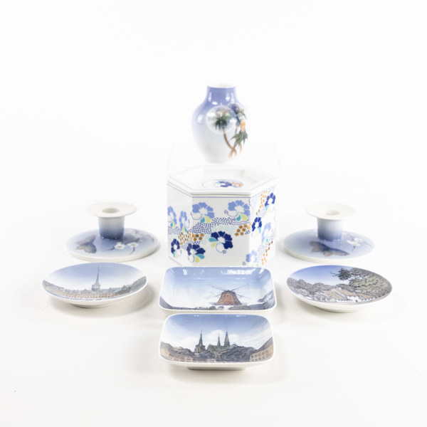Diverse danskt porslin, 8 delar, ljusstakar, m.m., Royal Copenhagen, B&G