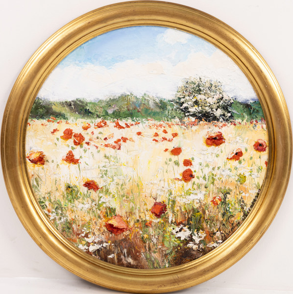 Kristina Assarsson, olja på pannå, "Sommarromantik", signerad, 59x59 cm