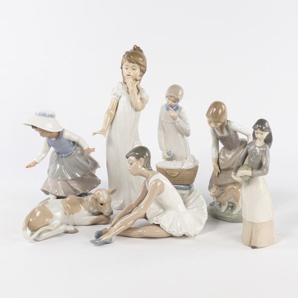 Figuriner, 7 st, bl a Lladro, Nao, högsta 29 cm