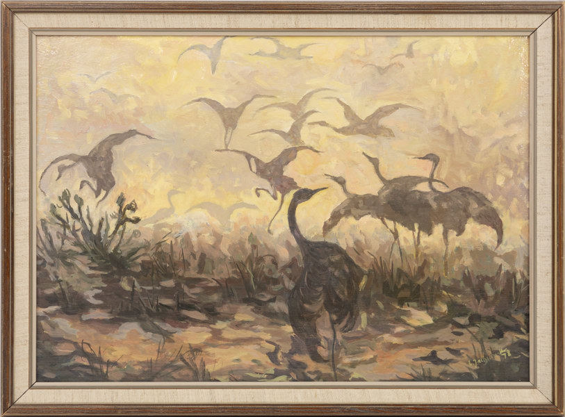 Oidentifierad konstnär, olja på pannå, "Tranor i gryningen", 49 x 36 cm