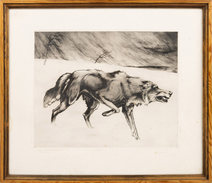 Knut Oscar Gaston Wilhelm Smith, etsning, "Vargen", signerad, 49 x 43 cm