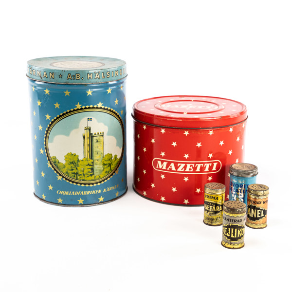 Äldre plåtburkar, 6 st, bl a Mazetti, Hälsingborgs Choklad, höjd 25 cm