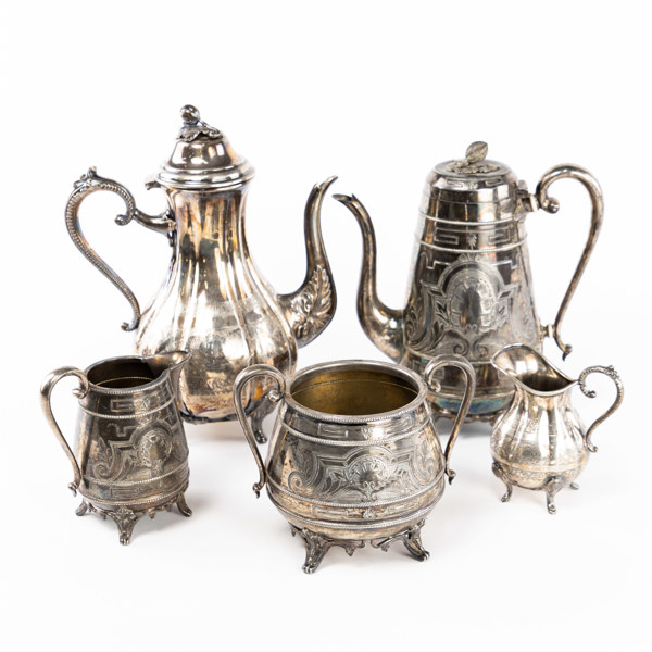 Nysilverföremål, 5 st, högsta 28 cm