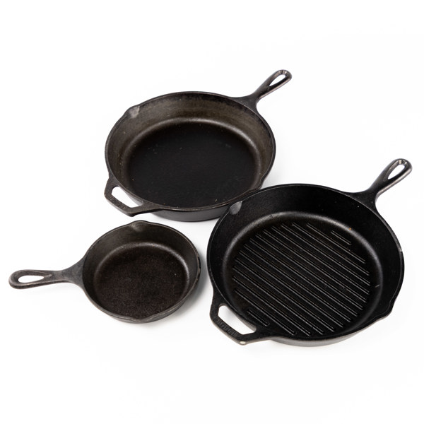 Stekpannor, 3 st, gjutjärn, Lodge, USA, största diameter 26,5 cm