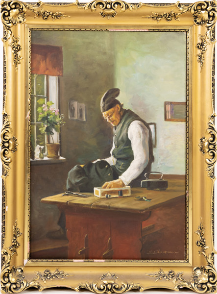 Emilie Christensen, olja på duk, motiv med skräddare, signerad, 60x80 cm
