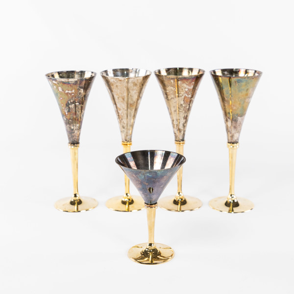 Champagneglas, 4+1 st, nysilver och mässing, Scandia Guld, högsta 22 cm