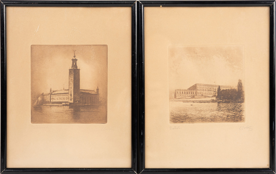 Erik Ekroth, etsningar, 2 st, Stockholmsmotiv, signerade, 27 x 34 cm