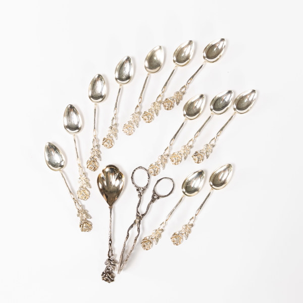 Skedar, kaktång, 14 delar, silver, vikt 190,3 gram