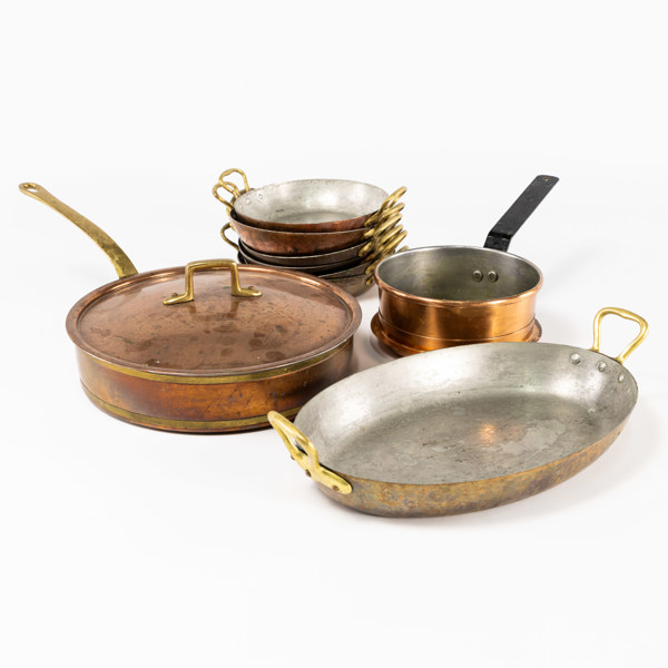 Kopparföremål, 9 delar, bl a traktörpanna