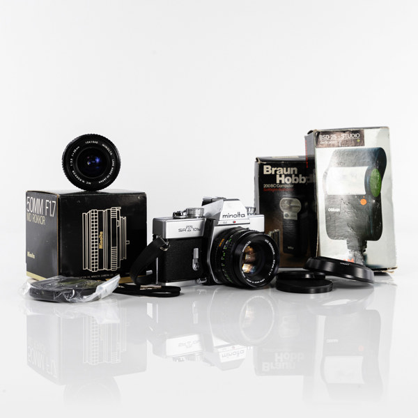 Systemkamera, Minolta SRT101b, 2 objektiv, blixt, 70-tal, Japan