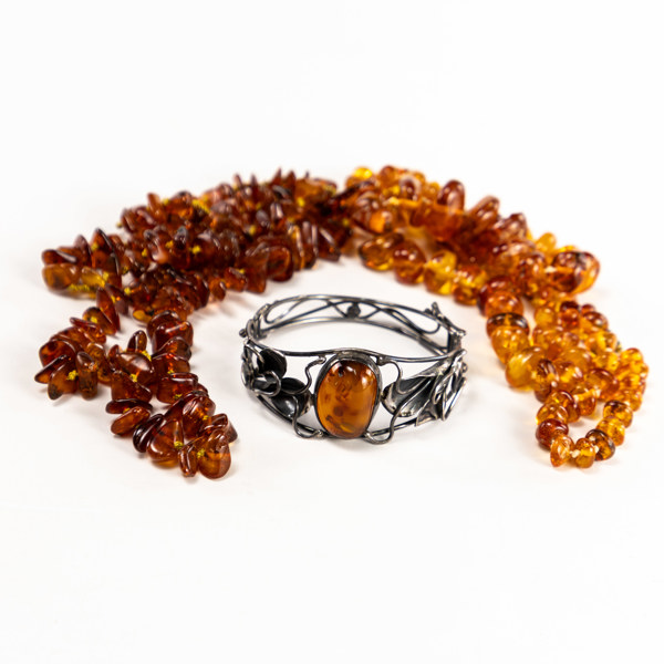 Smycken, 3 delar, bärnsten, sterlingsilver, halsband, armband