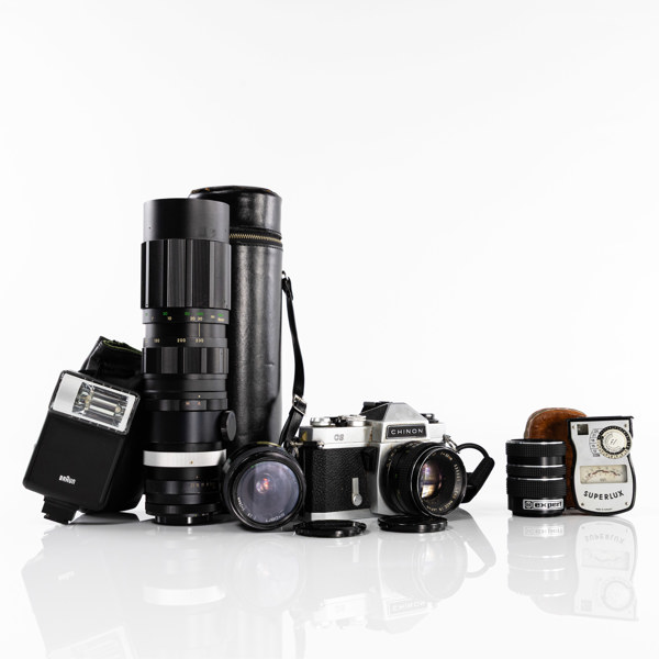 Systemkamera, Chinon, GS, 3 objektiv, tillbehör, 70/80-tal, Japan