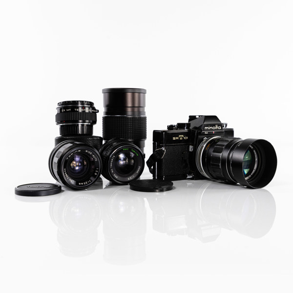 Systemkamera, Minolta, SRT101, 4 objektiv, 70-tal, Japan