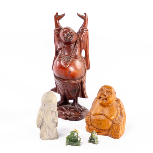 Buddhafiguriner, 5 st, bl a trä och jade, högsta 16 cm