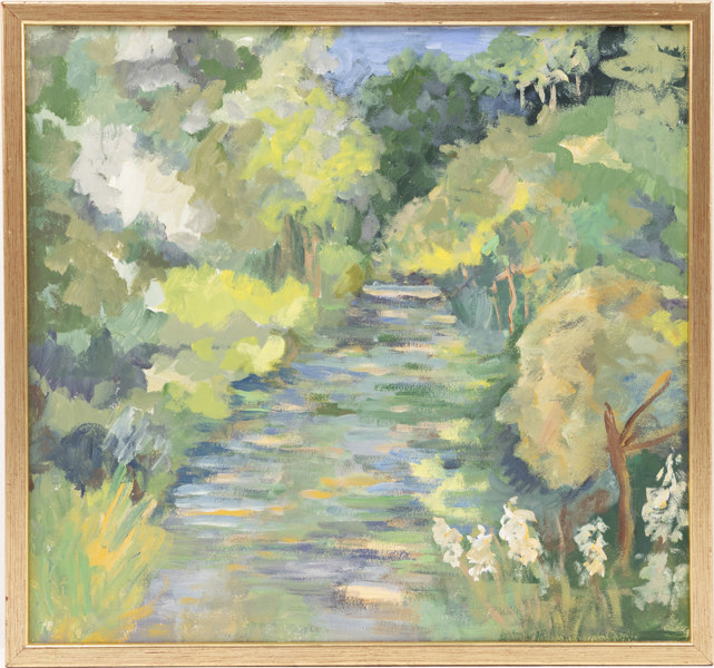 Gertrud Carlsson, olja på pannå, "Skogsstig", signerad, 45 x 42 cm