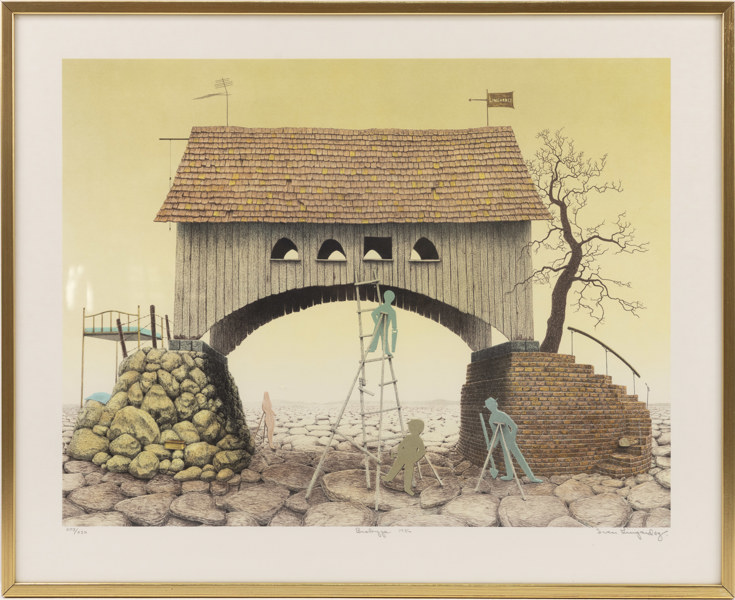 Sven Lingardsz, litografi, "Brobygge", signerad, numrerad 203/230, 78 x 64 cm