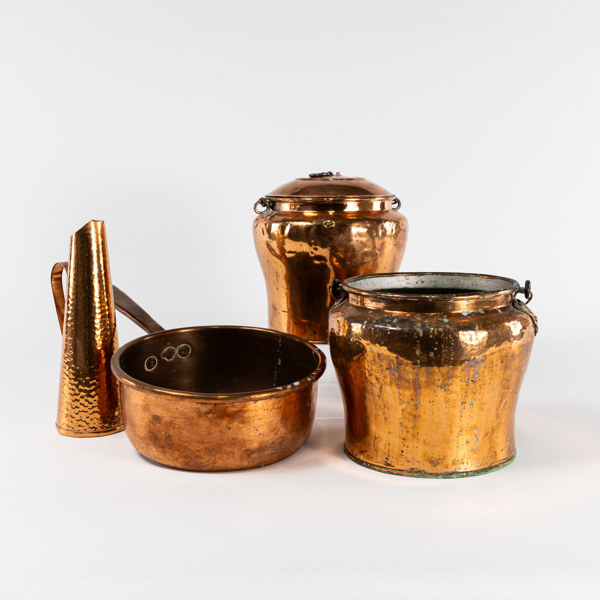 Kopparföremål, 4 delar, högsta 29 cm