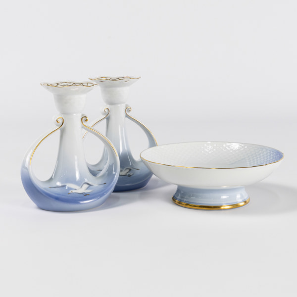 Ljusstakar, skål, 3 delar, "Måsen", B&G, högsta 13 cm