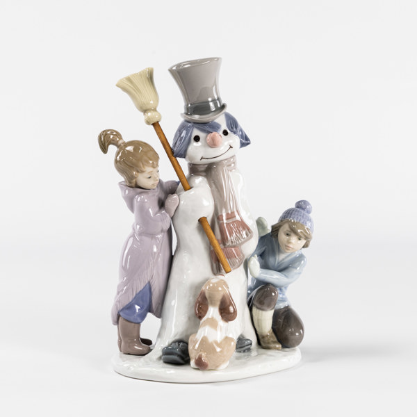 Figurin, snögubbe och barn, signerad, Lladro, höjd 21 cm