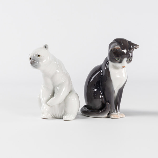 Figuriner, 2 st, katt, isbjörn, Royal Copenhagen, Lladro, högsta 12,5 cm