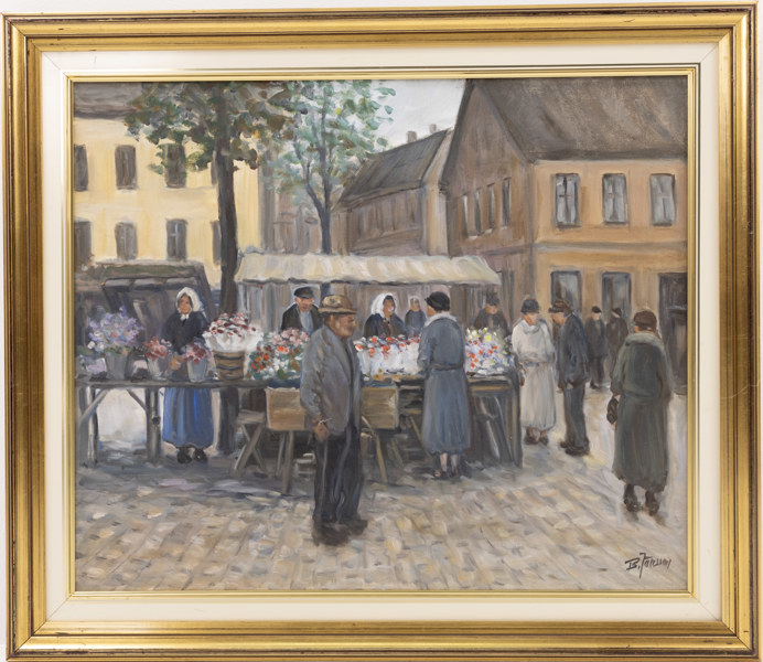 Bror Jönsson, olja på duk, "Torghandel", signerad, 66 x 57 cm