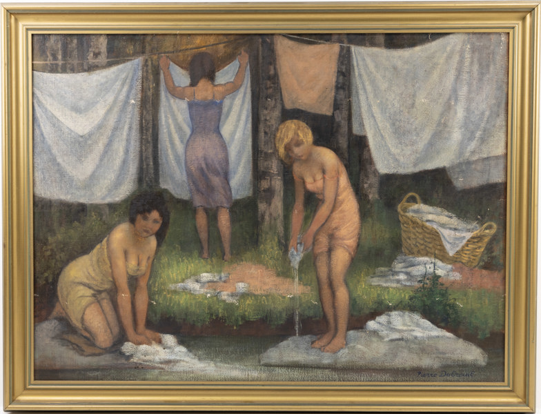 Pierre Dubreuil, olja på duk, "Les Lavandières", signerad, 145 x 111 cm