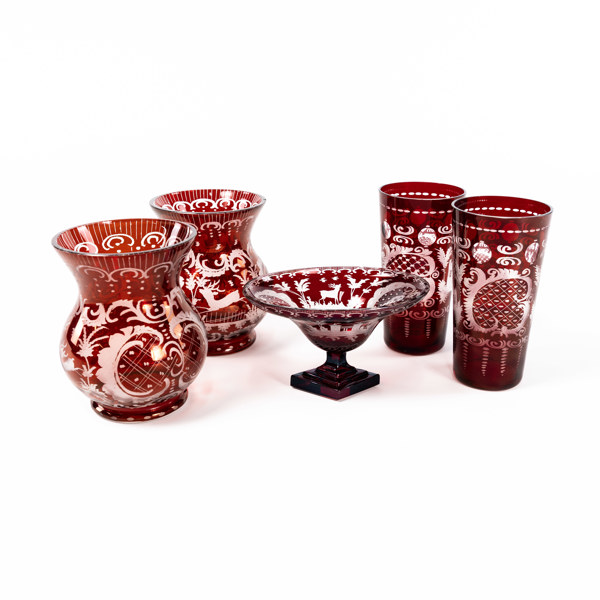 Böhmiskt glas, 5 delar, högsta 13,5 cm