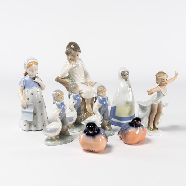 Figuriner, 9 st, bl a Wallendorf, Lladro, högsta 15 cm