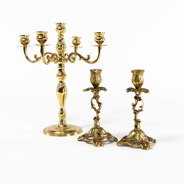 Kandelaber, ljusstakar, 3 delar, mässing, högsta 33,5 cm