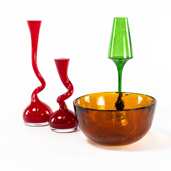 Vaser och skål, 4 st, glas, högsta 31 cm