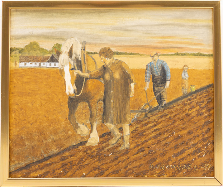 Oidentifierad konstnär, olja på duk, jordbruksmotiv, signerad, 38 x 32 cm