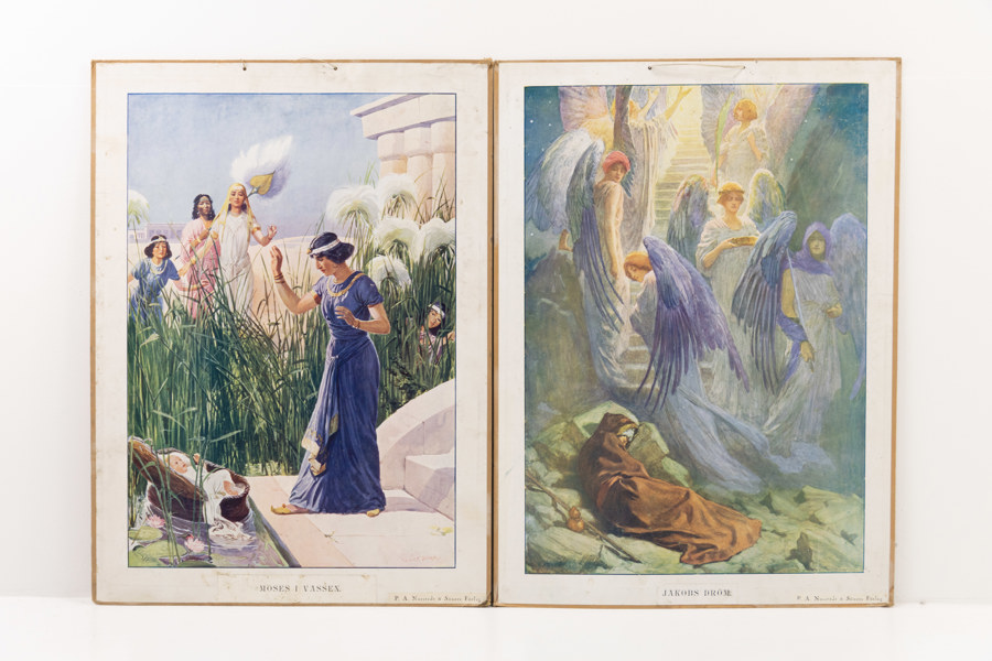 Skolplanscher, 2 st, religiöst motiv, 57x78 cm