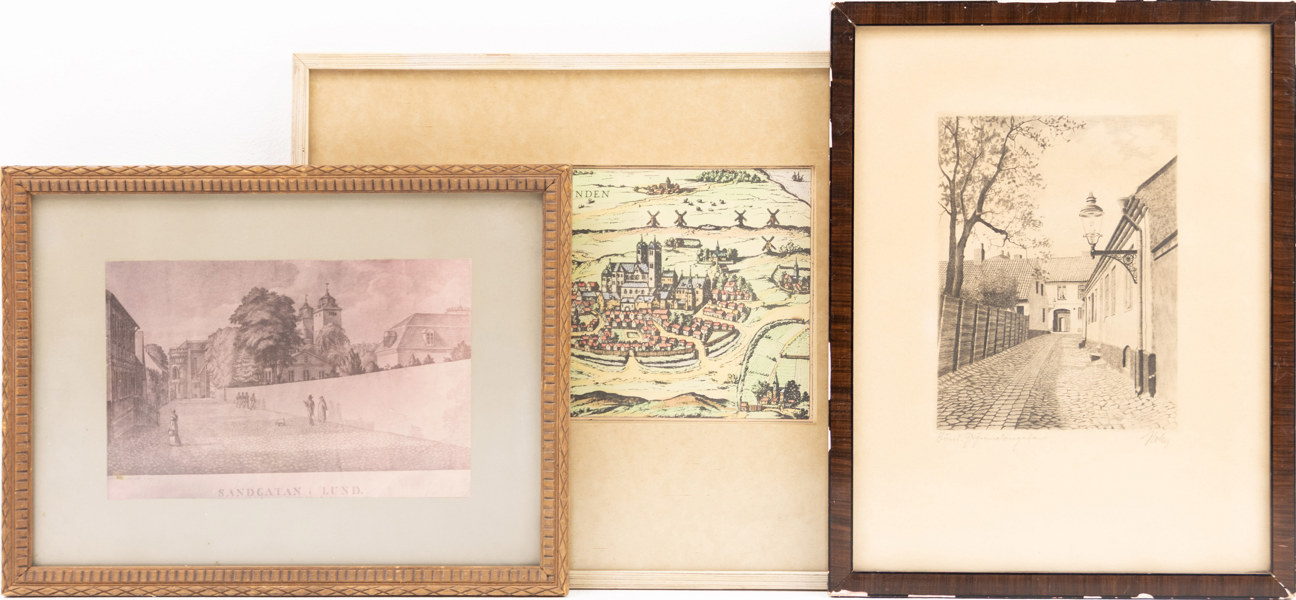 Inramade tryck, etsning, 3 st, Lundamotiv, största mått 43x34 cm