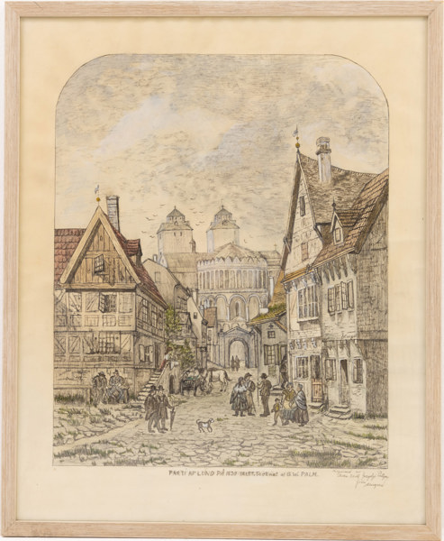 Teckning, "Parti av Lund på 1820-talet", 44x54 cm