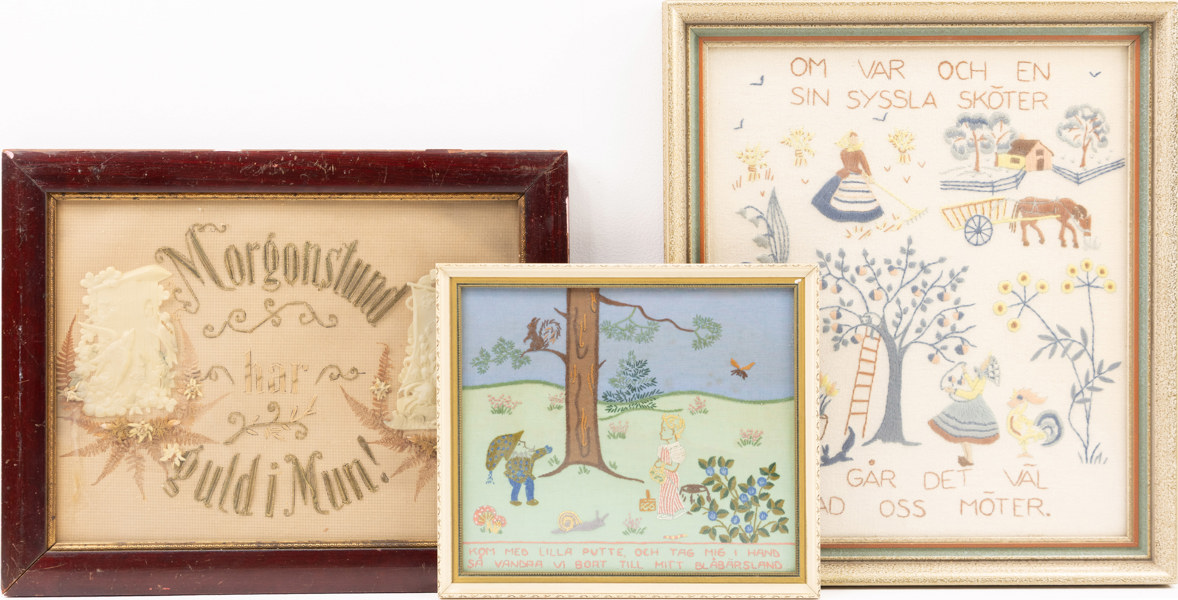 Broderade tavlor, 3 st, största 50x44 cm