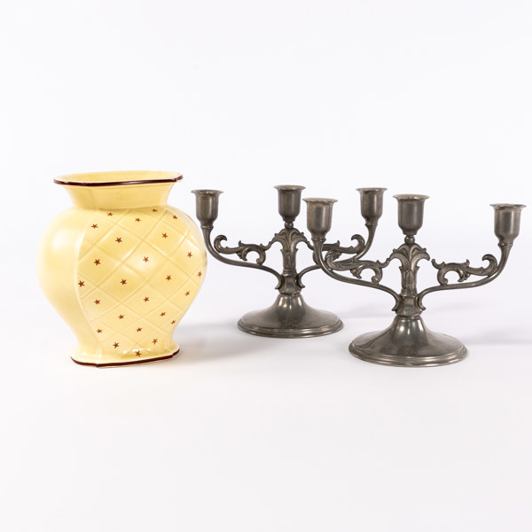 Vas, tennljusstakar, 3 delar, bl a Wilhelm Kåge