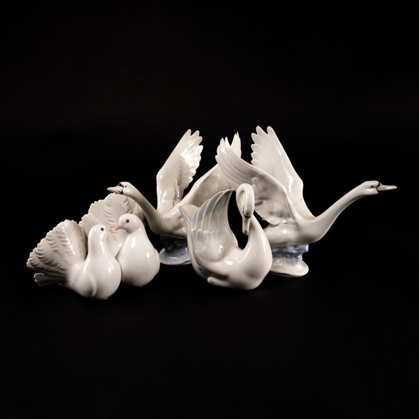 Figuriner, 4 st, svanar, duvor, bl a Lladro, högsta 21 cm