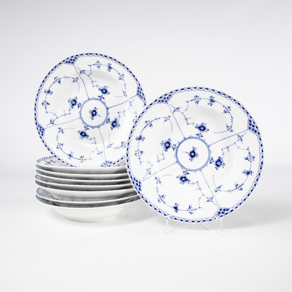 Djupa tallrikar, 9 st, "Musselmalet", 565, Royal Copenhagen, diameter 25 cm