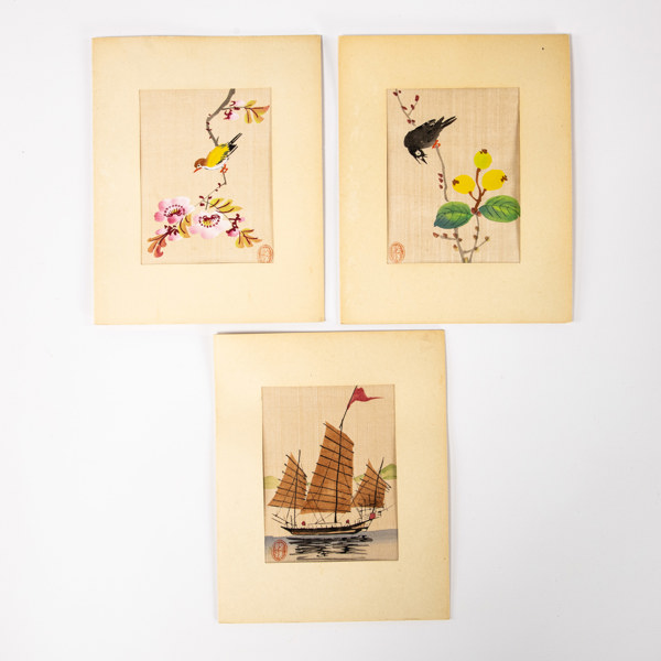 Akvareller på rispapper, 3 st, Kina, 12,5 x 16 cm