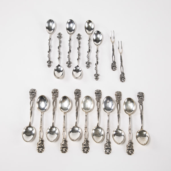 Teskedar, gafflar, 19 st, silver, 195,3 gram