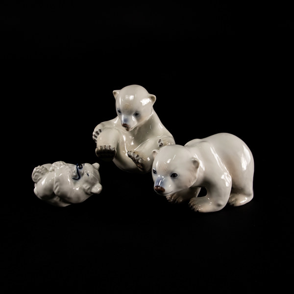 Figuriner, 3 st, isbjörnar, B&G, Royal Copenhagen, högsta 13 cm