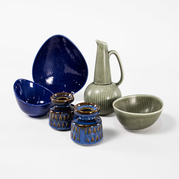 Stengods, porslin, 6 delar, bl a "Blå Eld", Rörstrand, högsta 19 cm